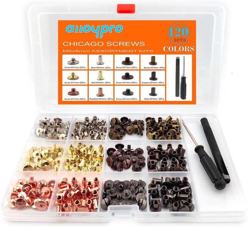 ALLOYPRO 120 Sets Chicago Screws with Hole Puncher and Screwdriver Assorted Kit 6 Color Leather Rivets Screw Flat Fillister Book Binding Posts Nail Rivet Chicago Bolts for DIY Leather Craft (5×8mm) - Image 1